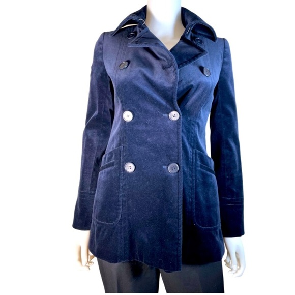 THEORY Blue VELVET Dedrick Adore Eclipse Womens SZ P Coat Jacket DOUBLE BREASTED - Picture 1 of 16